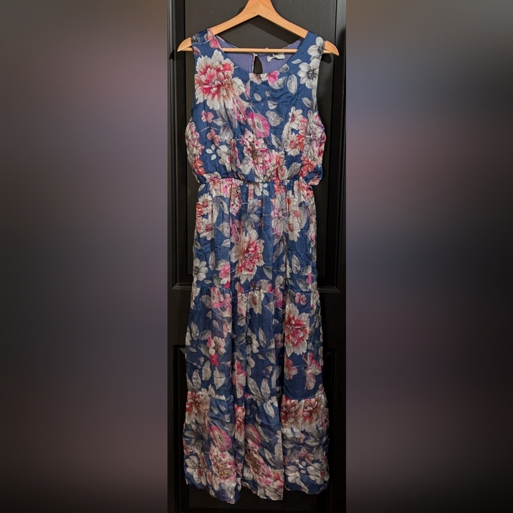 LARA G Blue Floral Silk Maxi Dress Boho Garden NWT Formal Cottage Wedding Guest